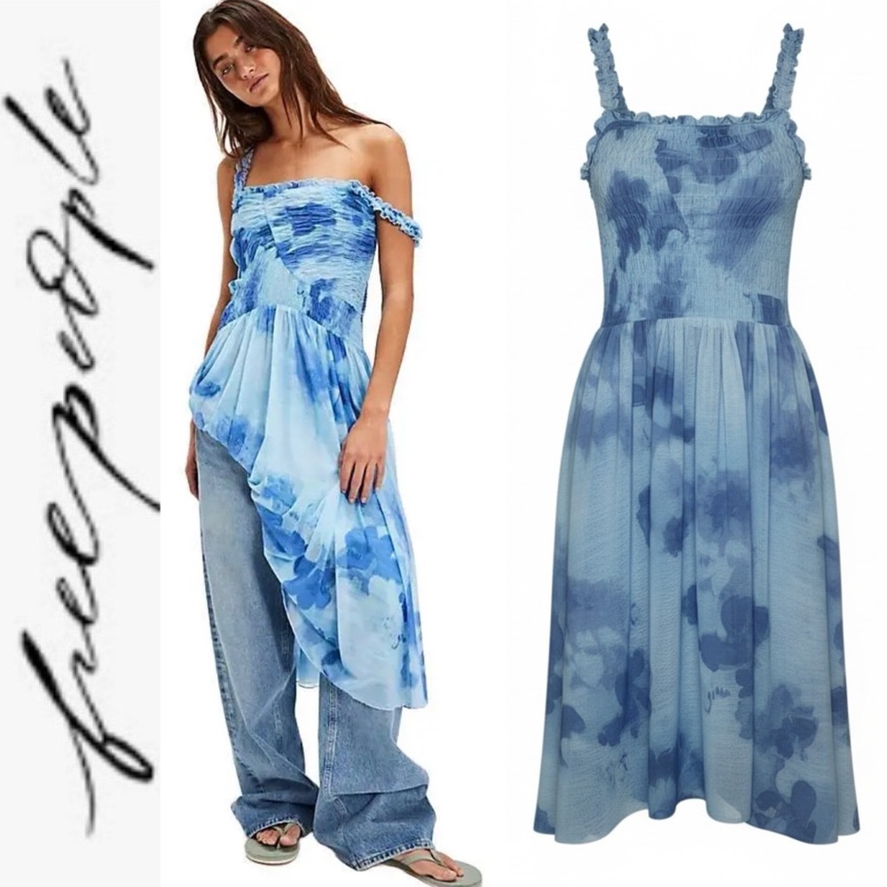 NEW Free People Tessa Smocked Mesh MIDI Dress in Baby Blue xs - Picture 2 of 12